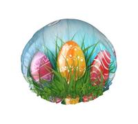 Easter Egg Bunny Grass Wooden Print Shower Cap - Reusable, Double Layer, Hotel Travel Essentials, Salon Shower Hat Accessories L