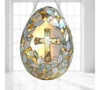 Easter Egg Cross Suncatcher, 2025 New Easter Cross Suncatcher Stained Glass Ornaments Hanging Sun Catchers Window Light Catchers Garden Window Decor for Easter Gift