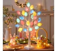 Easter Egg Decoration Tree 60cm with 24 LED Lights & 24 Pastel Ornaments, Lighted Birch Twig Lamp for Tabletop Decor, Battery or USB Powered Spring Holiday Decoration for Home Office