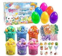Easter Egg Gifts for Kids, 6 PACK Fluffy Butter Slime with Easter Clay Slices and Figurines in Plastic Eggs for Eggs Hunts, Prefilled Basket Fillers Stuffers for Boys Girls Teens