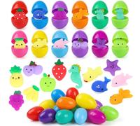 Easter Egg Hunt with Toys 24PCS - 12 Plastic Easter Eggs with 12 Squishy Toys Fruit & Sea Animals - Kids Easter Egg Hunt Prizes Party Bag Fillers Easter Basket Stuffers for Boys & Girls