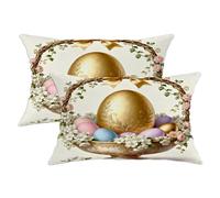 Easter Egg Throw Pillow Covers Set of 2, Spring Vintage Flower Bow Easter Gold Soft Velvet Washable Cover Decorative Pillows for Living Room Bed Office Sofa Chair Decor 20x12 Inch