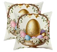 Easter Egg Throw Pillow Covers Set of 2, Spring Vintage Flower Bow Easter Gold Soft Velvet Washable Couch Pillow Covers for Living Room Apartment Bed Sofa Decor 20x20 Inch