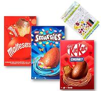 Easter Eggs Chocolate Bundle 3 Assorted Medium Eggs with Fun Easter Colouring Set perfect for the holiday festivities. 1x Nestle Smarties 119g, 1x Nestle KitKat 129g, 1x Maltesers 127g.