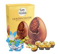 Easter Eggs Chocolate Gift Box - Luxury Large Milk Chocolate Egg with Hazelnut Pralines 250g & Topline Wooden Decoration. Chocolate Gift for Women Easter Gifts for Her