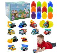 Easter Eggs Prefilled - Filled Ornamental Eggs, Goodie Bag Fillers | Kid Pull Back Construction Vehicle, Develop Fine Motor Skills, Non-Candy Treats, Assorted Novelty Accessory in Vibrant Eggs