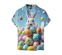 Easter Eggs Shirt for Mens Adult Short Sleeve Easter Bunny T Shirt Funny Easter Tops Outfits Button Down Easter Jesus Shirt Blouse (Z07 Sky Blue, XL)