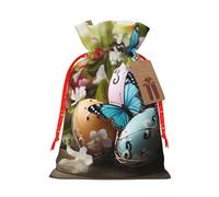 Easter Eggs with Butterfly Christmas Gift Bags with Tags & Ribbon Ties, Xmas Drawstring Candy Treat Bag Christmas Gifts Sacks Reusable Gift Wrapping Bags for Holiday Party Favors Medium