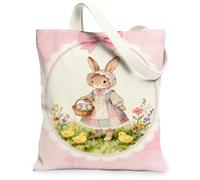 Easter Floral Canvas Tote Bags, Cute Rabbit Design Reusable Grocery Bags, Spring Lightweight Washable Shoulder Strap Canvas, Peach, 13x15 Inch