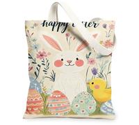 Easter Floral Canvas Tote Bags, Fanciful Bunny and Chick Design Reusable Grocery Bags, Spring Lightweight Washable Shoulder, Multicolor, 13x15 Inch