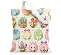 Easter Floral Canvas Tote Bags, Spring Botanical Design Reusable Grocery Bags, Lightweight Washable Shoulder Strap Canvas F, Multicolor, 13x15 Inch