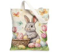 Easter Floral Canvas Tote Bags, Spring Bunny and Flower Pattern Reusable Grocery Bags, Vintage Lightweight Washable Shoulde, Multi-color, 13x15 Inch