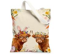 Easter Floral Canvas Tote Bags, Vintage Cattle Pattern Reusable Grocery Bags, Lightweight Washable Shoulder Strap Canvas Fo, Beige, 13x15 Inch