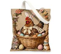 Easter Floral Canvas Tote Bags, Vintage Rabbit Chicken Pattern Reusable Grocery Bags, Spring Lightweight Washable Canvas Fo, Beige, 13x15 Inch