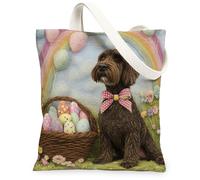 Easter German Wirehaired Pointer Dog Canvas Tote Bag for Shopping 13 * 15, Wool Felt Eggs Puppy Reusable Grocery Bag for Women, Farmhouse Aesthetic Painting Gift Decor