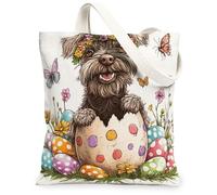 Easter German Wirehaired Pointer Dog Canvas Tote Bag for Shopping 13x15, Fun Cute Eggs Puppy Reusable Grocery Print Bag for Women, Flowers Beach Aesthetic Painting Gift Decor