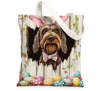 Easter German Wirehaired Pointer Dog Canvas Tote Bag for Shopping 13x15, Fun Rustic Eggs Puppy Reusable Grocery Print Pattern Bag for Women, Farmhouse Beach Aesthetic Painting Gift Decor