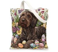 Easter German Wirehaired Pointer Dog Canvas Tote Bag for Shopping 13x15, Vintage Floral Eggs Puppy Reusable Grocery Print Pattern Bag for Women, Fun Pet Beach Aesthetic Painting Gift Decor