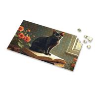 Easter Gifts For Adults A Black Cat Sits On An Open Book, Surrounded By Vibrant Flowers. Picture Puzzle 300 Piece Puzzles Jigsaw Puzzles Free For Adults(1000PCS)