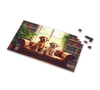 Easter Gifts For Adults Two Puppies Sitting On A Cozy Couch In A Book-Filled Room. Picture Puzzle Toddler Puzzles 4 Year Old Girl Birthday Gifts(300PCS)