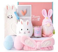 Easter Gifts for Women, 10pcs Cute Easter Hamper with 12oz Ceramic Rabbit Mug, Spoon, Socks, Hairband, Greeting Card, Happy Easter Bunny Basket for Kids Girl Daughter Granddaughter, Elegant Gift Boxed