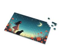 Easter Gifts Girl In Floral Dress With Cat Under Crescent Moon Picture Puzzle Easter Gifts Boy Toys(500PCS)