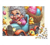 Easter Granny Driving Sturdy 1000 Piece Jigsaw Puzzle for Adults Grandma Truck Chicks Easter Premium Thick Vibrant Challenging Stress Relief Game 38x26cm/1000pcs