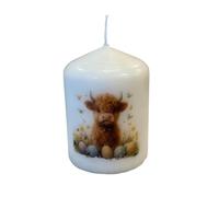 Easter Highland Cow Decorative Candle, White Pillar with Spring Theme Design, Butterfly and Pastel Eggs Pattern