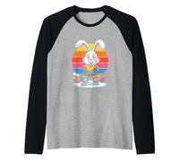 Easter Hockey Bunny with Eggs Retro Sunset Raglan Baseball Tee