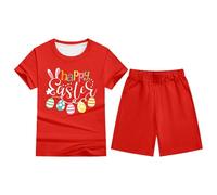 Easter Holiday Kids Matching Outfit Set Cozy Printed Short Sleeve Tee And Comfy Shorts Pajama Ensemble For Girls And Boys (Red, 9-10 Years)