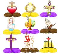 Easter Honeycomb Centerpieces,9 Pcs Double Sided Easter Theme Table Decor He is Risen Sign Religious 3D Easter Decorations for Easter Photo Prop Party Supplies