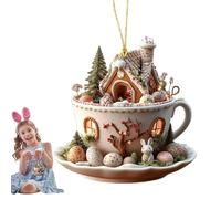 Easter House Ornaments, Flat House Chocolate Cup Decorative Pendants, Easter Egg Bunny House Coffee Cup Decoration, Funny Spring Landscape Acrylic Ornament for Family Gatherings