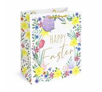 Easter In Spring Floral Large White Gift Bag 33cm - Paper Easter Present Bag with Handles & Name Tag for Eggs, Treats & Medium Gifts