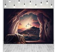 Easter Jesus Christ Cross Backdrop 10x8ft He is Risen Resurrection of Jesus Empty Tomb Three Crosses on Mountain Stone Cave Sunset Holy Light Religious Church Events Photography Studio Props