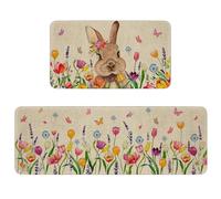 Easter Kitchen Rug and Mat Set of 2, Watercolor Floral Bunny Spring Easter Kitchen Decor, Non-Slip Washable Floor Mat, Spring Home Decor Kitchen Sink Front Rug, 17x30+17x47 Inch