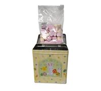 Easter Marshmallow Gift Tin with Bunny and Chick Shapes, Soft Vanilla Flavoured Sweets in Reusable Metal Storage Box for Gifting