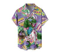 Easter Mens Shirt Easter Eggs Bunny Easter T Shirts for Men Funny Easter Outfits Short Sleeve Button Down Tops Blouse with Pocket (Z05-Purple, XL)
