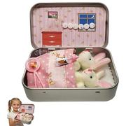 Easter Mini Plush Bunny Play Set Little Pocket Bunny Cute Rabbit Plush Toy in a Tin Portable DIY Pet Rabbit Adoption Easter Basket Stuffer for Children (Pink)