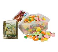 Easter Mix Bucket with Gift Tub - Assorted Jelly & Foam Sweets with Easter Bunnies, Fried Eggs, Carrots & Colourful Flowers, Includes ONE FREE Easter Card (500g)