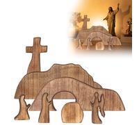 Easter Nativity Scene Jesus Figure Made of Solid Wood with Empty Grave - Christian Easter Decoration Handmade Wooden Sculpture for Easter, Christening, Communion - Table Decoration for Living Room