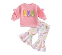 Easter Outfit Toddler Girl Bunny Embroidery Ruffle Sweatshirt Cartoon Rabbit Bows Flared Pants Bell Bottoms 2Pcs Spring Clothes (Pink, 3-4 Years)