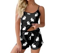 Easter Pajamas for Women 2 Piece Set Casual Soft Cute Rabbit Graphic Camisole Top and Shorts Soft Summer Sleepwear Nightwear (01-Black, XL)