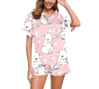 Easter Pajamas for Women, Pyjamas for Women Classic Easter Eggs Bunny Print Pyjama Set Button Down Shirts and Shorts Ladies Pyjamas Two Piece Summer Pjs for Women Sets Sleepwear Loungewear Nightwear