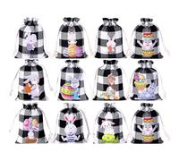 Easter Party Bags, Pack of 12 Gift Bags with Rabbit Print and Drawstring - Small Jute Bags, for Weddings, Bridesmaids, Parties, Guests, Colleagues, Holidays and Na