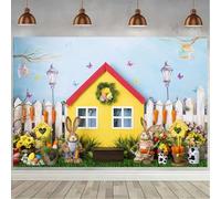 Easter Party Decoration Background Spring Flowers Green Grass Wooden Door Rabbit Bunny Eggs Baby Portrait Photography backdrop