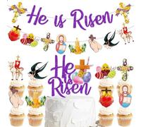 Easter Party Decoration Set Includes He Is Risen Sign Religious Banner Easter Egg Cross Jesus Cake Toppers for Home, Office, School Decor Photo Props