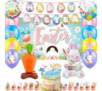 Easter Party Decorations, 51pcs Easter Bunny Decorations Set Including Easter Bunny Party Banner Backdrop Balloons Cake Decorations etc Easter Day Decorations, Happy Easter Decorations for Party