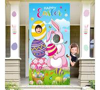Easter Party Decorations Easter Bunny Photo Door Banner Large Fabric Happy Easter Backdrop Photo Prop Funny Eggs Bunny Face in Hole Game for Easter Party Supplies, 6 x 3 Feet