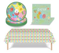 Easter Party Tableware Set,37Pcs Easter Themed Party Paper Plates Napkins Tablecloth Easter Party Supplies,Colourful Easter Egg and Rabbit Table Decorations Easter Party Pack Bundle Dinner Dessert
