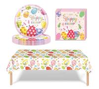 Easter Party Tableware Set,37Pcs Easter Themed Party Paper Plates Napkins Tablecloth Easter Party Supplies,Colourful Easter Egg and Rabbit Table Decorations Easter Party Pack Bundle Dinner Dessert